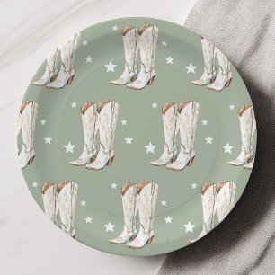 Assiettes En Carton Western Country Cowgirl Boots Green Bird