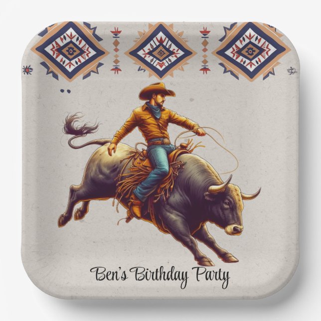 Assiettes En Carton Western Cowboy Bull Rider Aztec fête d'anniversair (Recto)