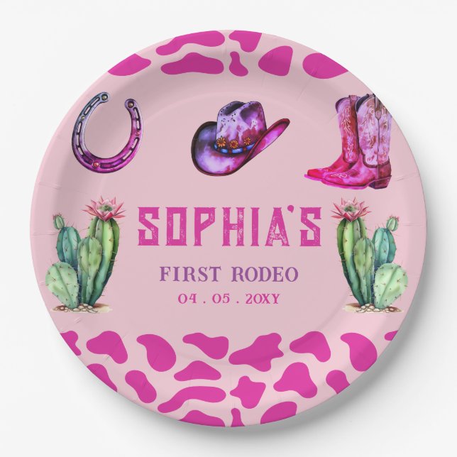 Assiettes En Carton Western Cowgirl First Rodeo Rose Girls Anniversair (Devant)