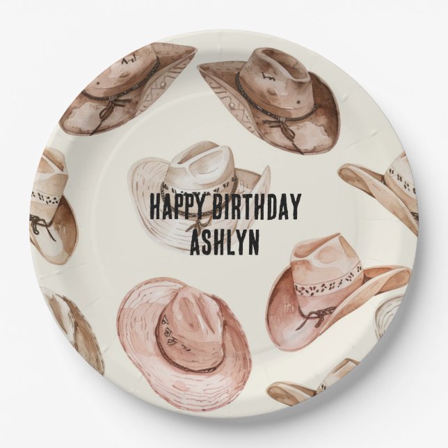 Assiettes En Carton Western Cowgirl rose Casquettes Brown Anniversaire (Devant)
