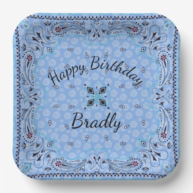 Assiettes En Carton Western Paisley Blue Bandana Custom 9" (Recto)
