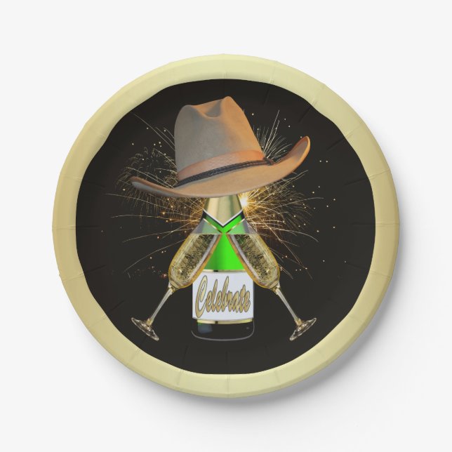 Assiettes En Carton Western Party Cowboy Casquette Champagne Plaque de (Devant)