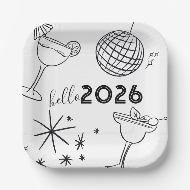 Assiettes En Carton Whimiscal Doodles Hello 2026 New Years Gold (Recto)