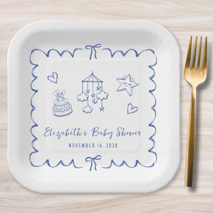 Assiettes En Carton Whimsical Blue Wavy Frame Baby Boy Douche