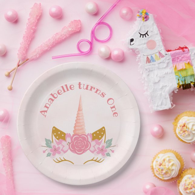 Assiettes En Carton Whimsical Blush rose Unicorn premier anniversaire (Fête)