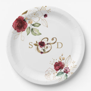 Assiettes En Carton Whimsical Bourgogne Gold Flowers Monogramme Mariag