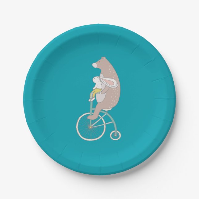 Assiettes En Carton Whimsical Bunny and Bear Riding a Bike (Devant)