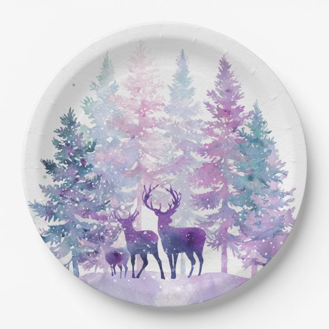 Assiettes En Carton Whimsical Christmas Forest Deers Paper Plates (Devant)