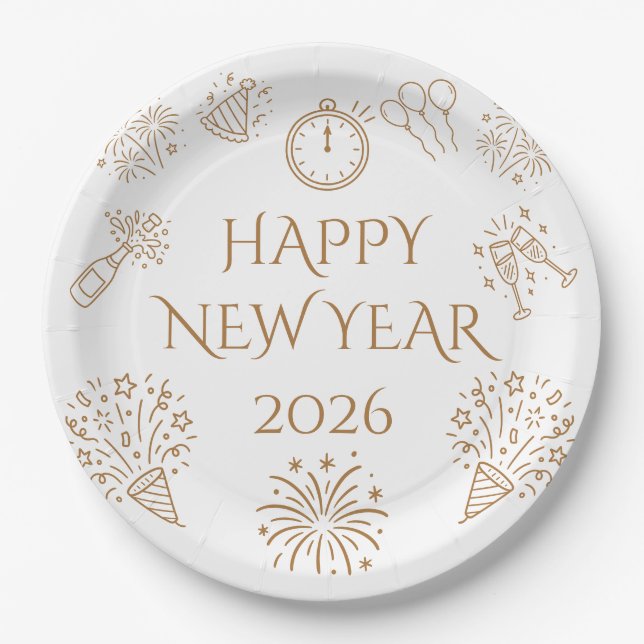 Assiettes En Carton Whimsical Doodles Gold Happy New Year 2026 (Devant)