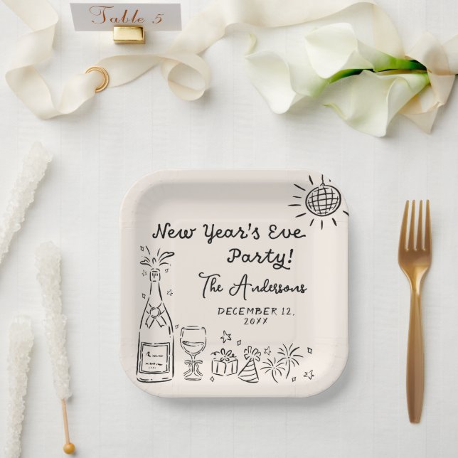 Assiettes En Carton Whimsical Hand Drawn New Year's Eve Party (Mariage)
