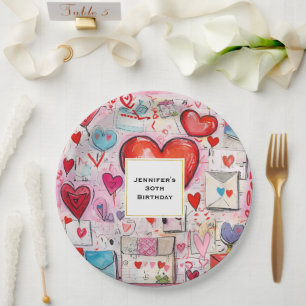 Assiettes En Carton Whimsical Hearts and Love Letters Motif Anniversai
