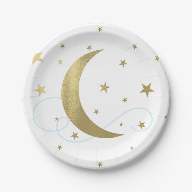 Assiettes En Carton Whimsical Light Blue & Gold Moon Stars Bébé Douche (Devant)