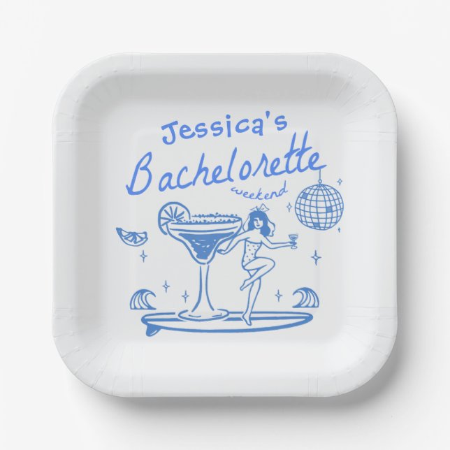 Assiettes En Carton Whimsical Main dessinée Funky Beach Bachelorette (Recto)