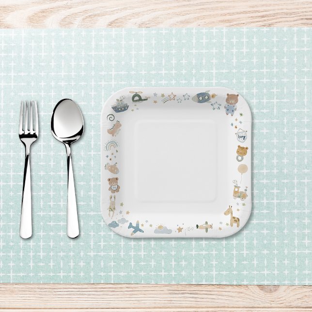 Assiettes En Carton Whimsical Oh Boy Aquarelle Doodle Baby shower (Whimsical Oh Boy Watercolor Doodle Baby Shower Paper Plates)