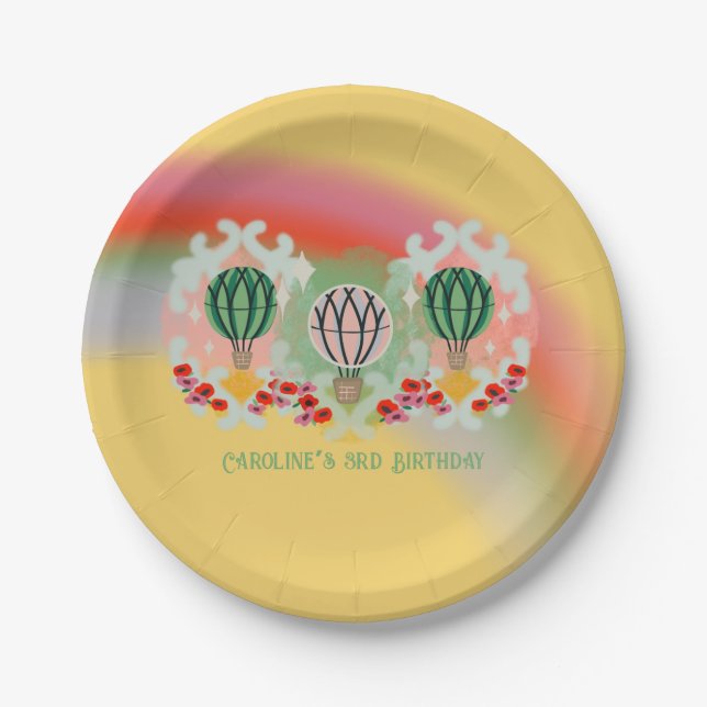 Assiettes En Carton Whimsical Rainbow Hot Air Balloon Anniversaire (Devant)