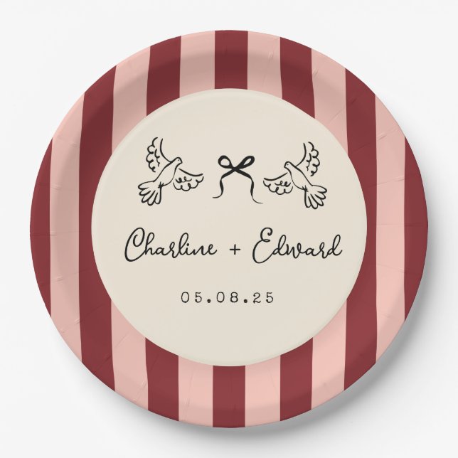 Assiettes En Carton Whimsical Red and Blush Pink Striped Wedding  (Devant)