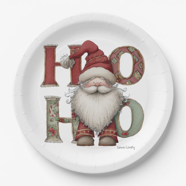 Assiettes En Carton Whimsical Santa HO HO HO Paper Plates (Devant)