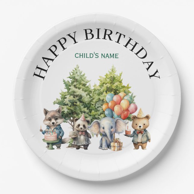 Assiettes En Carton Whimsical Watercolor Forest Birthday (Devant)