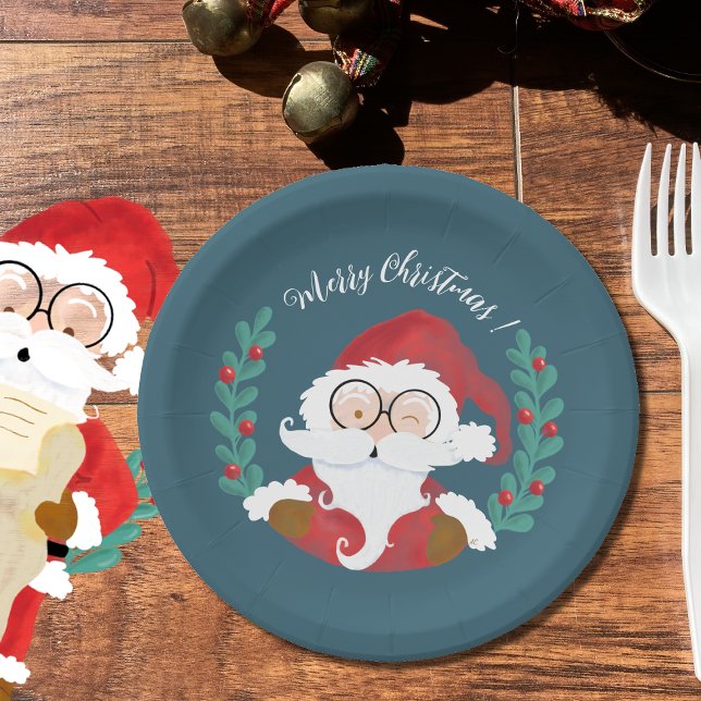 Assiettes En Carton Whimsical Winking Père Noël Plaque de papier de No (Winking Santa Claus blue Holiday paper plates .)