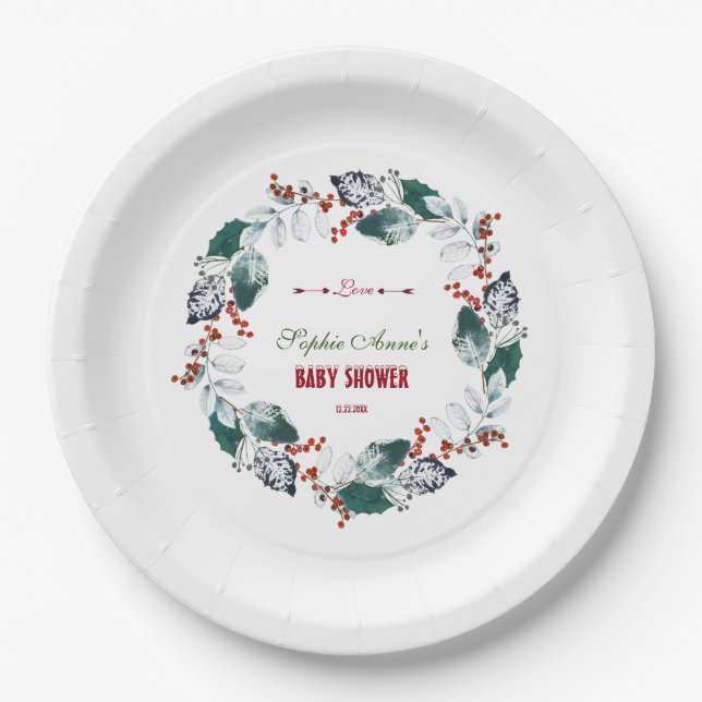 Assiettes En Carton Whimsical Winter Holy Berries Wreath Baby shower (Devant)