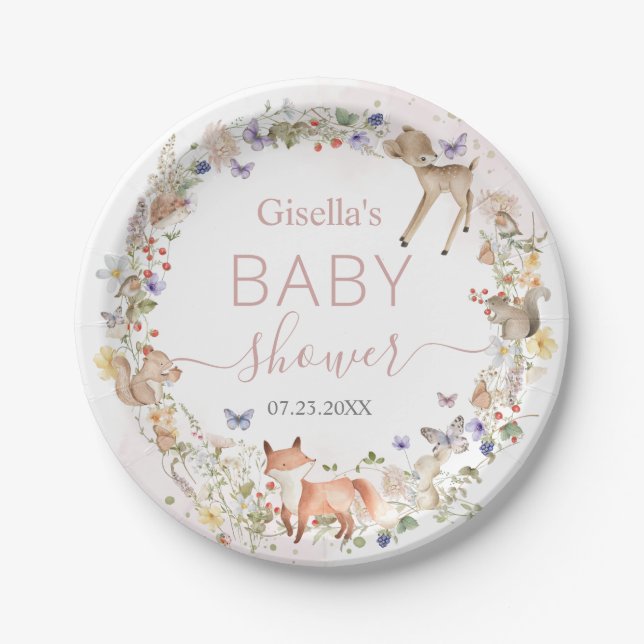 Assiettes En Carton Whimsical Woodland Animals Wildflower Baby Shower  (Devant)