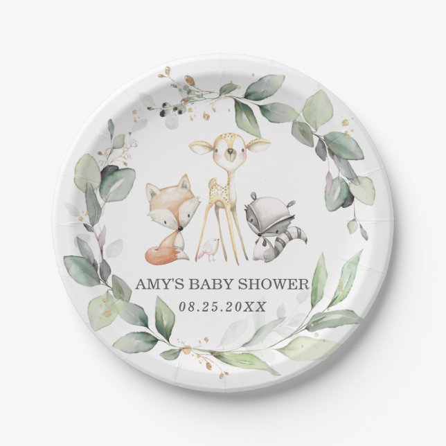 Assiettes En Carton Whimsical Woodland Animaux Baby shower verdoyant (Devant)