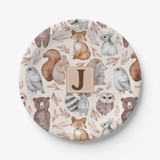 Assiettes En Carton Whimsical Woodland Animaux Monogrammes (Devant)
