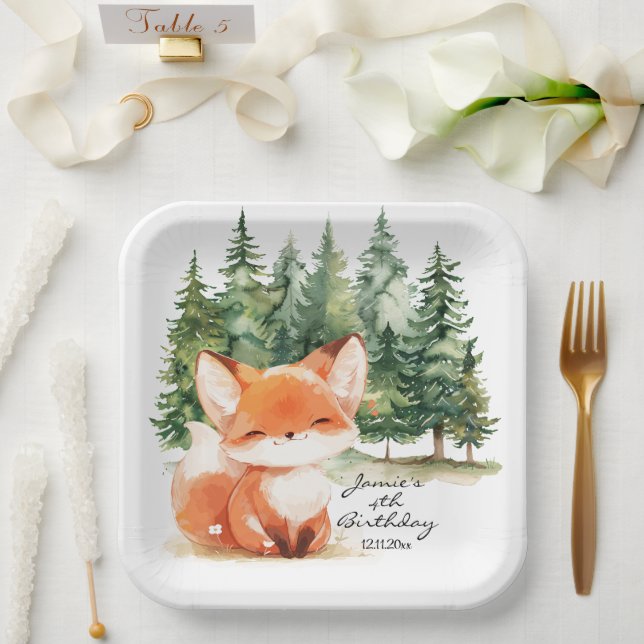 Assiettes En Carton Whimsical Woodland Baby Fox 4e anniversaire (Mariage)