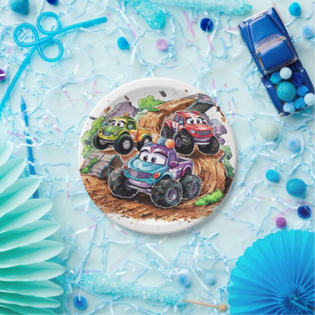 Assiettes En Carton Whimssical Cute Monster Truck Anniversaire (Fête)
