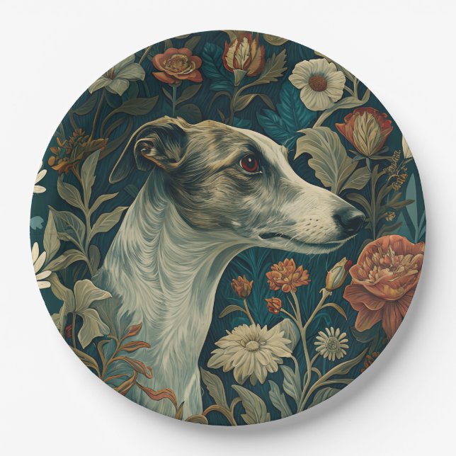 Assiettes En Carton Whippet Brindle and White William Morris Style (Devant)