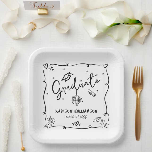 Assiettes En Carton White Black Hand Drawn Doodles Graduation Quirky (Mariage)