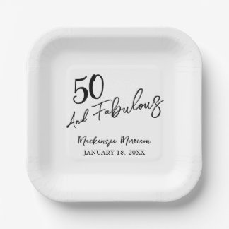 Assiettes En Carton White Fifty and Fabulous Script Birthday Party