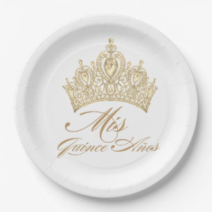 Assiettes En Carton White Gold Mis Quince Anos Chic Elegant Tiara
