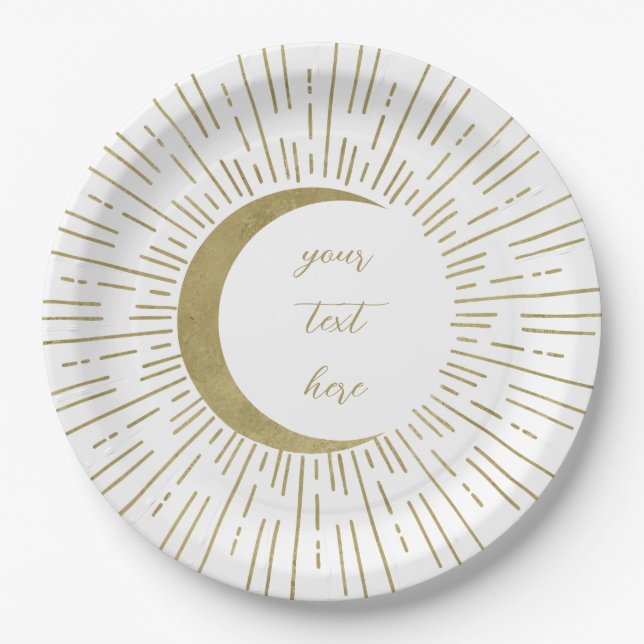 Assiettes En Carton White & Gold Stars Celestial Sunburst Moon Mariage (Devant)
