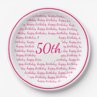 Assiettes En Carton White Hot Pink 50e Joyeuse Typographie d'anniversa