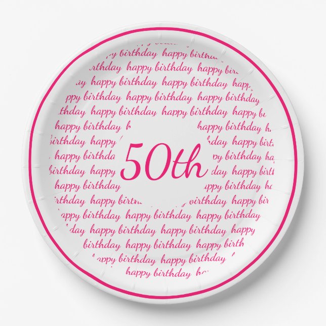 Assiettes En Carton White Hot Pink 50e Joyeuse Typographie d'anniversa (Devant)