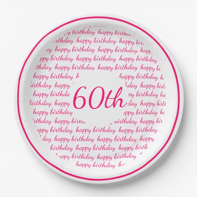 Assiettes En Carton White Hot Pink 60e Joyeuse Typographie d'anniversa (Devant)
