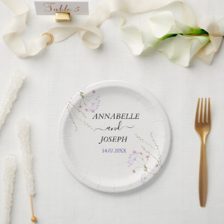 Assiettes En Carton White Minimalist watercolor flowers wedding