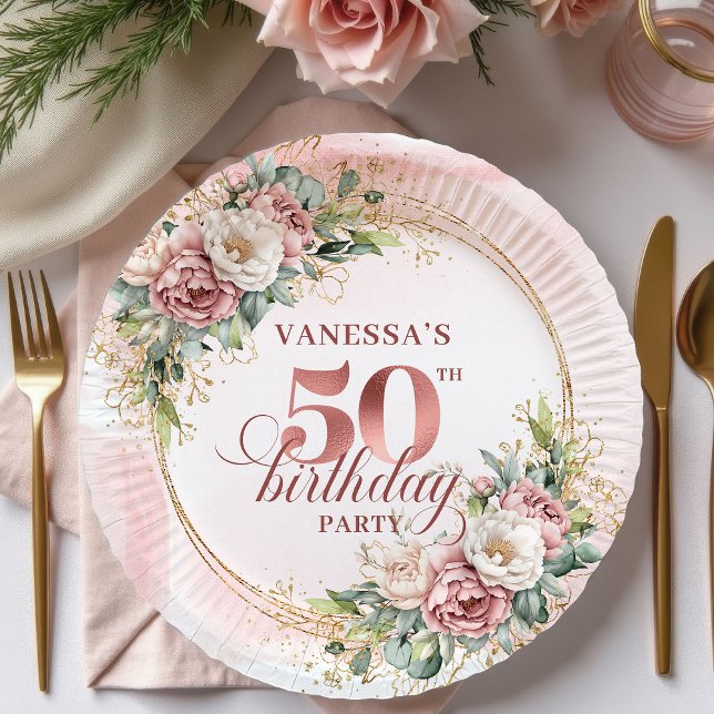 Assiettes En Carton White Peony Rose Gold 50th Birthday Paper Plates (White Peony Rose Gold 50th Birthday Paper Plates)