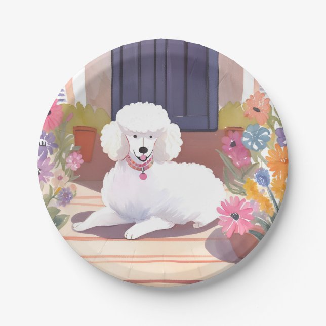 Assiettes En Carton White Poodle | Dog Pet Watercolor Flowers (Devant)