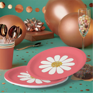 Assiettes En Carton White Retro Moderne Daisy Fleur Anniversaire