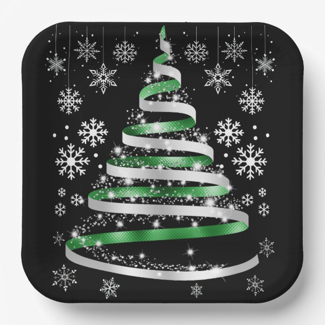 Assiettes En Carton White Snowflake Silver Green Ribbon Christmas Tree (Recto)