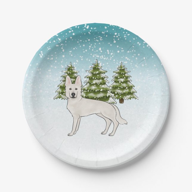 Assiettes En Carton White Swiss Shepherd White GSD Chien Forêt d'hiver (Devant)
