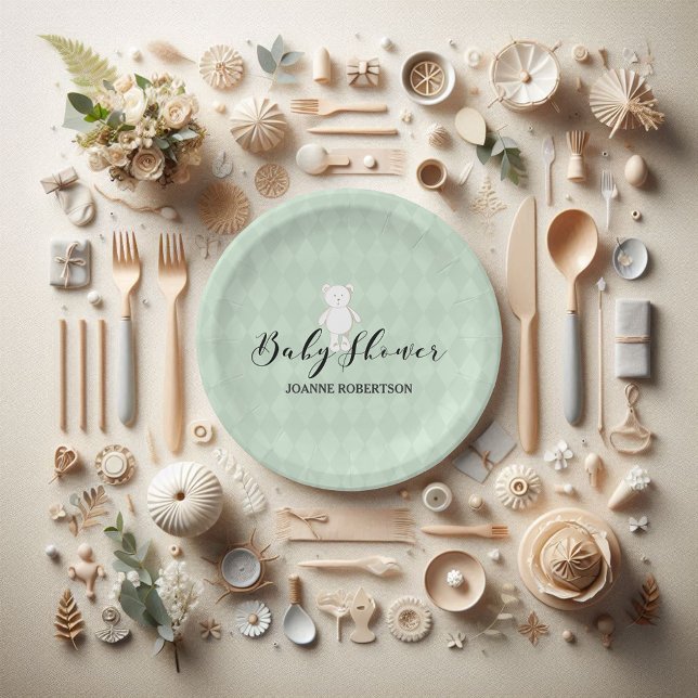 Assiettes En Carton White Teddy Bear Sage Green Diamond Baby shower (Créateur téléchargé)