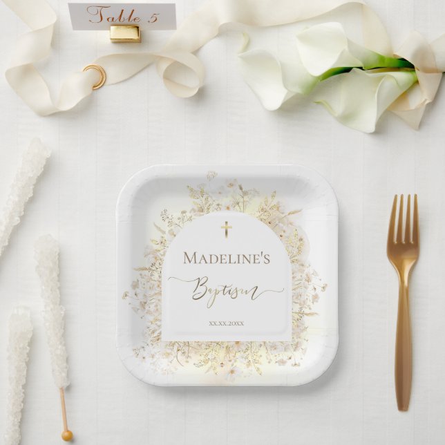 Assiettes En Carton white yellow flowers Baptism  (Mariage)