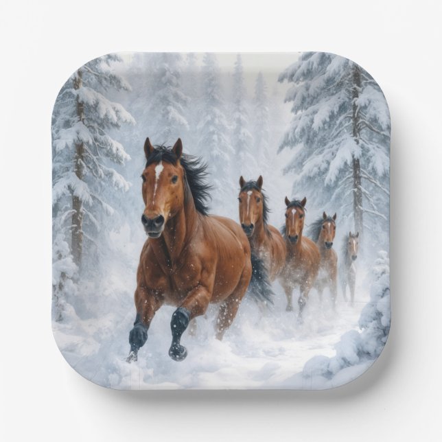Assiettes En Carton Wild Horses Running Through a Snowy Forest (Recto)