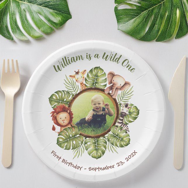 Assiettes En Carton Wild One 1st Birthday Photo Safari Animaux Feuille (Créateur téléchargé)