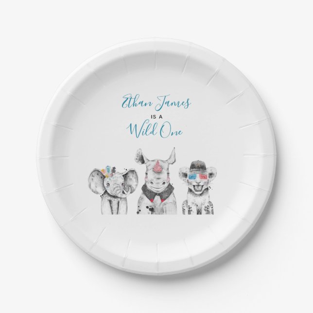 Assiettes En Carton Wild One Animal Safari Noir Blanc Bleu Anniversair (Devant)