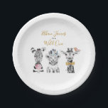 Assiettes En Carton Wild One Animal Safari Noir Blanc Or Anniversaire<br><div class="desc">Une adorable plaque de papier à thème pour animaux safari "Wild One",  avec des bébés animaux dessinés à la main en noir et blanc,  des scripts en lettres d'or et de la typographie moderne et noire sans serif. Copyright Invitations élégants,  tous droits réservés.</div>