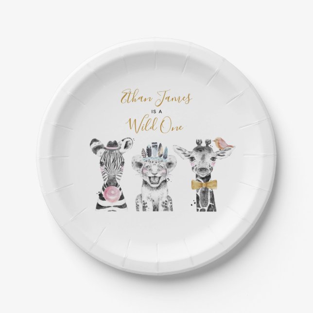 Assiettes En Carton Wild One Animal Safari Noir Blanc Or Anniversaire (Devant)